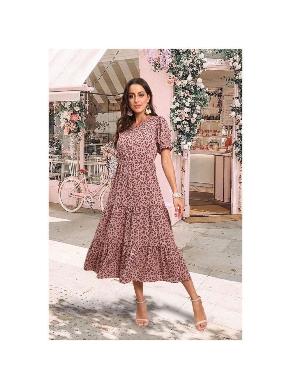 Grecerelle Women's Summer Casual Boho High Waist Leopard Print Midi Dress Small